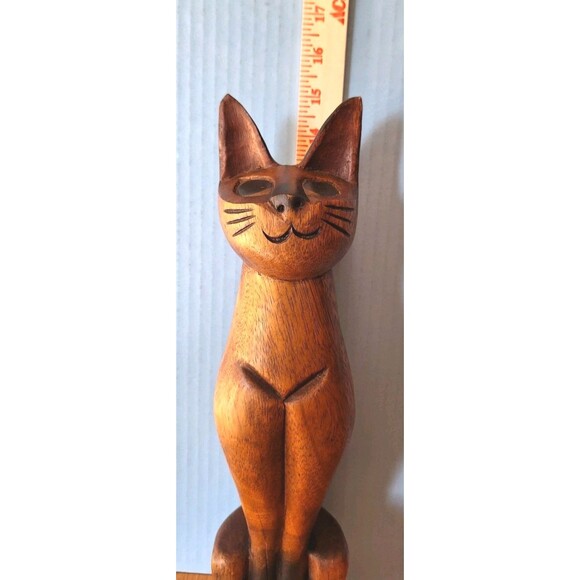 Vtg MCM Carved Wood Cat Figure Statue Sculpture Figurine 15" Made In Thailand - Picture 2 of 10